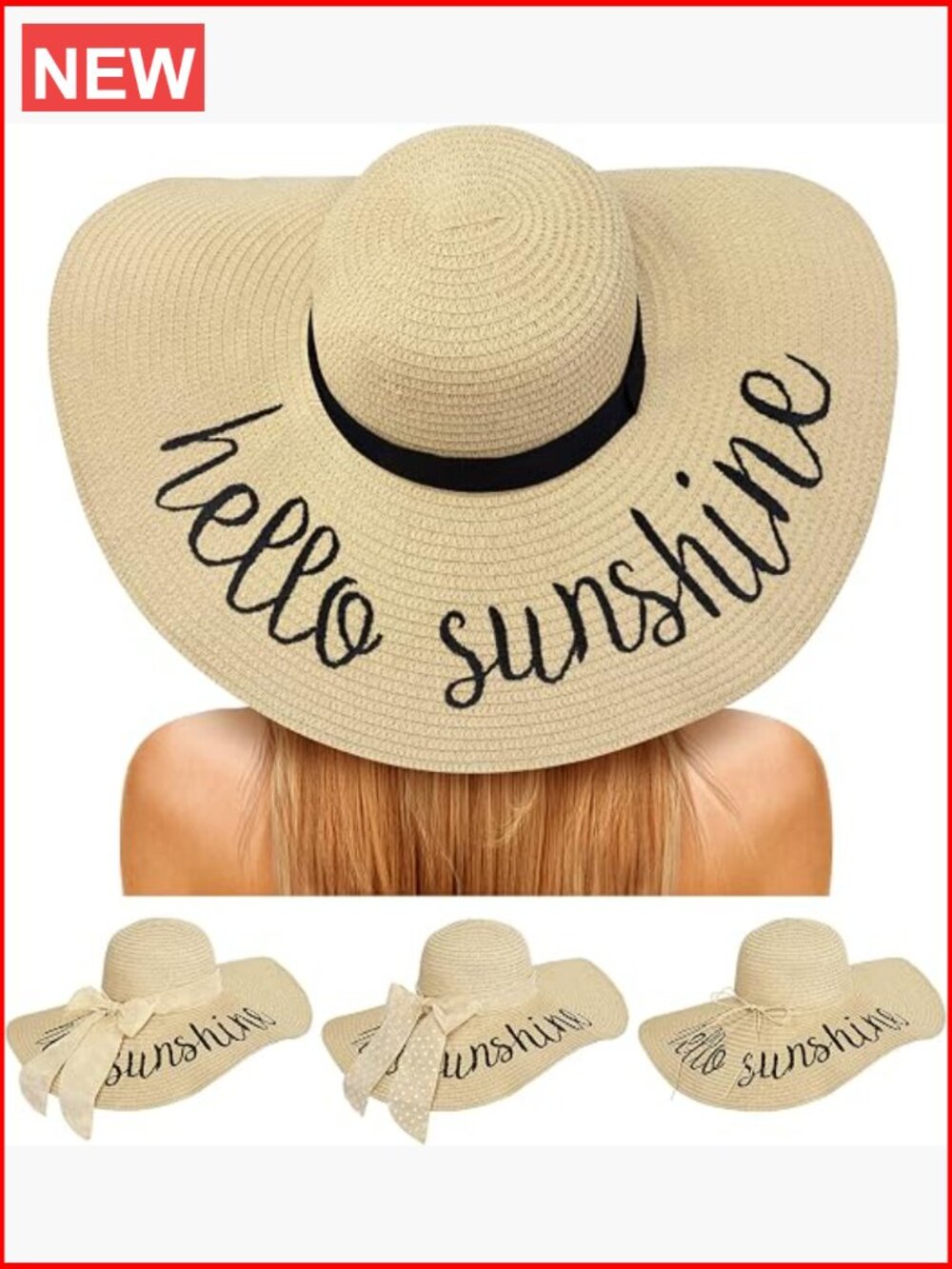 Women's Floppy Sun Hat with Embroidery - Wide Brim Paper Straw